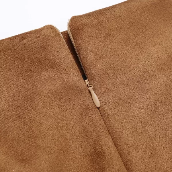 IDEALSANXUN Midi Plaid Skirts for Women 2023 Fall Winter Knee Length Pencil Wool Skirt with SlitSuede Brown