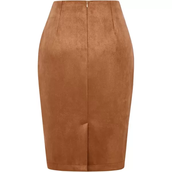 IDEALSANXUN Midi Plaid Skirts for Women 2023 Fall Winter Knee Length Pencil Wool Skirt with SlitSuede Brown