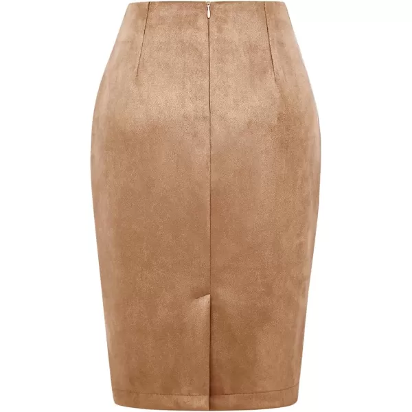 IDEALSANXUN Midi Plaid Skirts for Women 2023 Fall Winter Knee Length Pencil Wool Skirt with SlitSuede Khaki