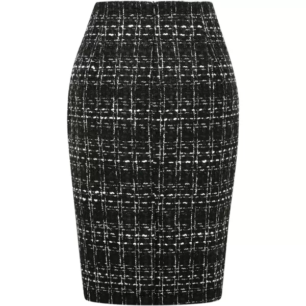 IDEALSANXUN Midi Plaid Skirts for Women 2023 Fall Winter Knee Length Pencil Wool Skirt with SlitTweed Black