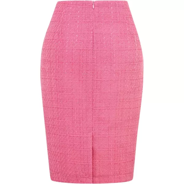 IDEALSANXUN Midi Plaid Skirts for Women 2023 Fall Winter Knee Length Pencil Wool Skirt with SlitTweed Pink