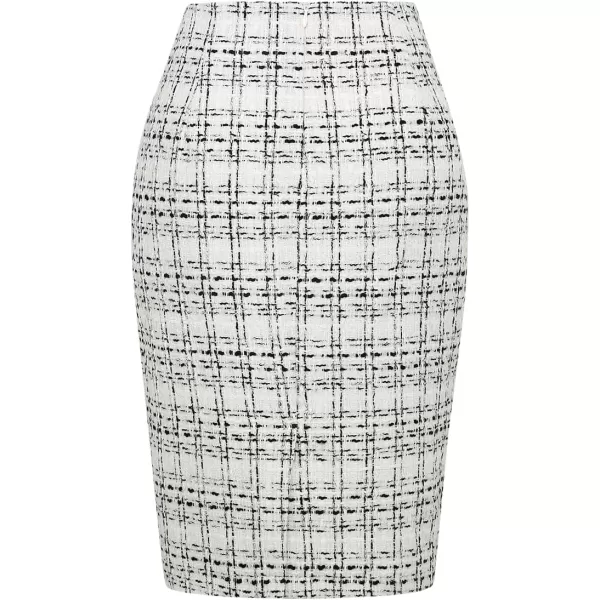 IDEALSANXUN Midi Plaid Skirts for Women 2023 Fall Winter Knee Length Pencil Wool Skirt with SlitTweed White