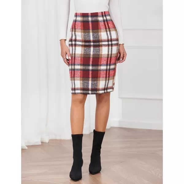 IDEALSANXUN Midi Plaid Skirts for Women 2023 Fall Winter Knee Length Pencil Wool Skirt with SlitWine