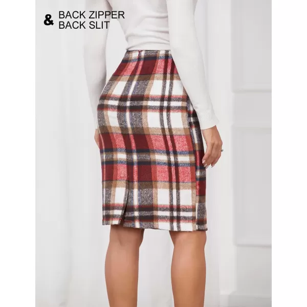 IDEALSANXUN Midi Plaid Skirts for Women 2023 Fall Winter Knee Length Pencil Wool Skirt with SlitWine