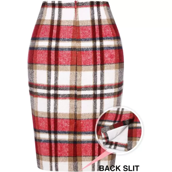 IDEALSANXUN Midi Plaid Skirts for Women 2023 Fall Winter Knee Length Pencil Wool Skirt with SlitWine