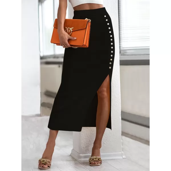 IDEALSANXUN Ribbed Knit Midi Skirt for Women High Waisted Pencil Bodycon Fall Winter Wrap Skirt with SlitBlack