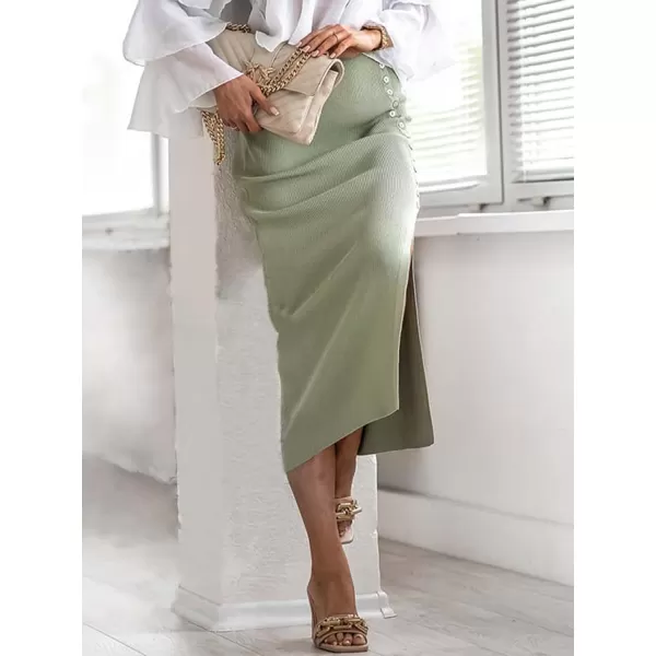 IDEALSANXUN Ribbed Knit Midi Skirt for Women High Waisted Pencil Bodycon Fall Winter Wrap Skirt with SlitGreen