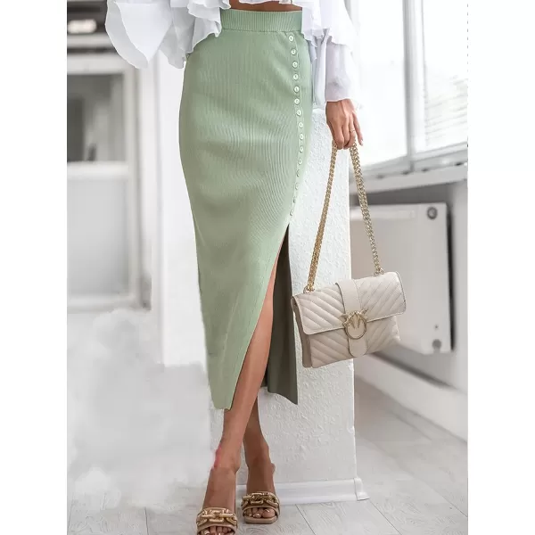 IDEALSANXUN Ribbed Knit Midi Skirt for Women High Waisted Pencil Bodycon Fall Winter Wrap Skirt with SlitGreen