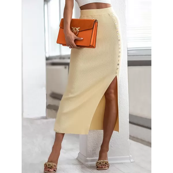 IDEALSANXUN Ribbed Knit Midi Skirt for Women High Waisted Pencil Bodycon Fall Winter Wrap Skirt with SlitYellow