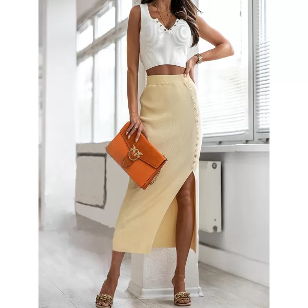 IDEALSANXUN Ribbed Knit Midi Skirt for Women High Waisted Pencil Bodycon Fall Winter Wrap Skirt with SlitYellow