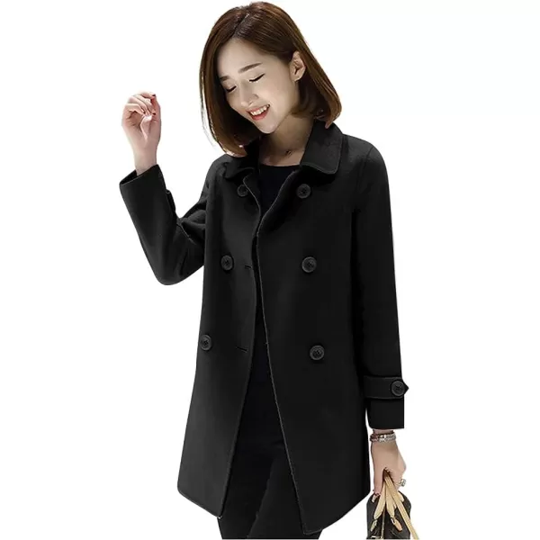 IDEALSANXUN Womens Fall Winter Wool Coats Double Breasted Midi Peacoat Trench CoatsBlack