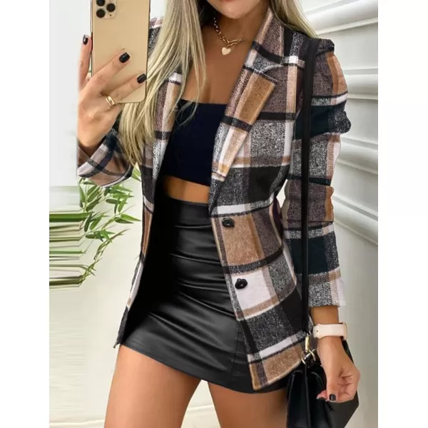 IDEALSANXUN Womens Plaid Blazer 2023 Fall Winter Single Breasted Wool Blazer JacketsBrown
