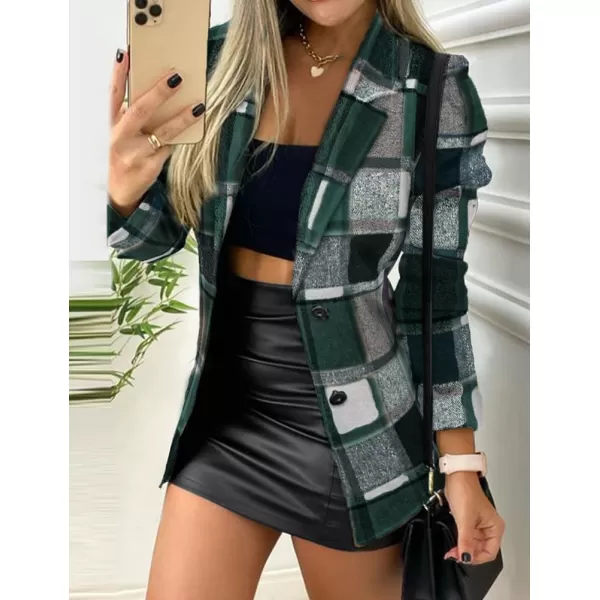 IDEALSANXUN Womens Plaid Blazer 2023 Fall Winter Single Breasted Wool Blazer JacketsGreen