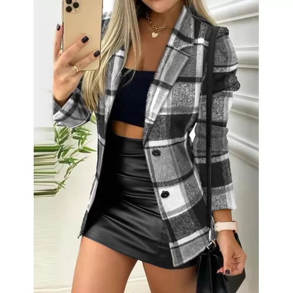 IDEALSANXUN Womens Plaid Blazer 2023 Fall Winter Single Breasted Wool Blazer JacketsGrey