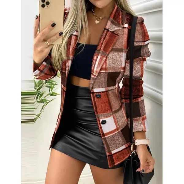 IDEALSANXUN Womens Plaid Blazer 2023 Fall Winter Single Breasted Wool Blazer JacketsWine