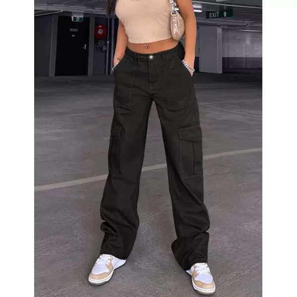 IDEALSANXUNCargo Jeans for Women High Waisted Trendy Casual Streetwear Baggy Cargo Pants Boyfriend Straight Leg Y2K JeansBlack