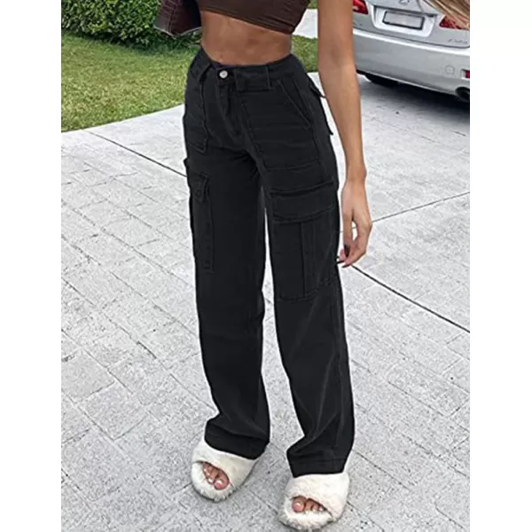 IDEALSANXUNCargo Jeans for Women High Waisted Trendy Casual Streetwear Baggy Cargo Pants Boyfriend Straight Leg Y2K JeansBlack