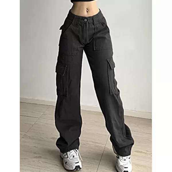 IDEALSANXUNCargo Jeans for Women High Waisted Trendy Casual Streetwear Baggy Cargo Pants Boyfriend Straight Leg Y2K JeansBlack
