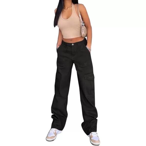 IDEALSANXUNCargo Jeans for Women High Waisted Trendy Casual Streetwear Baggy Cargo Pants Boyfriend Straight Leg Y2K JeansBlack