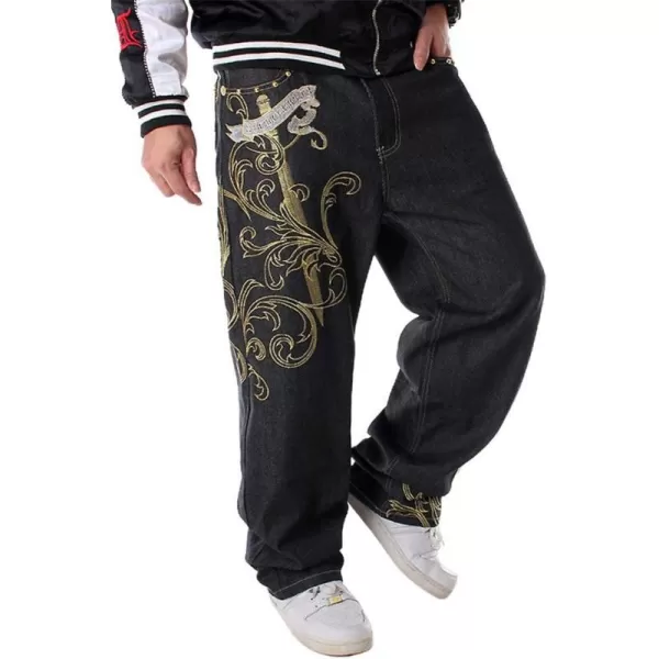 IDEALSANXUN Baggy Jeans Men Casual Embroidery Hip Hop Loose Fit Y2k JeansBlack 01