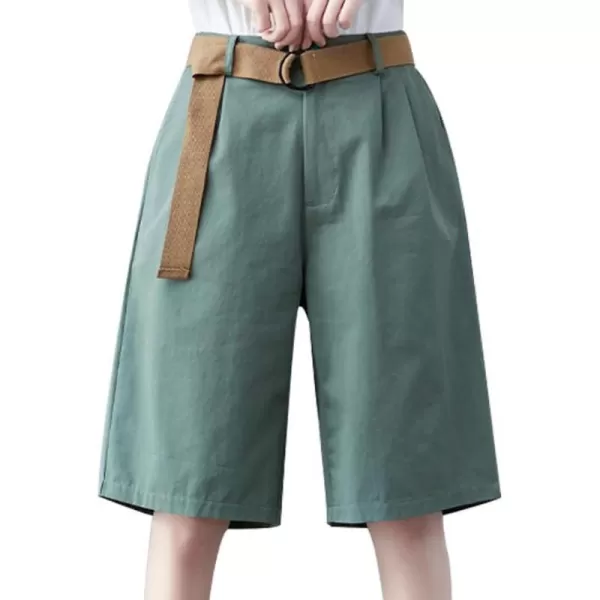 IDEALSANXUN Bermuda Shorts for Women Knee Length High Waist Casual Summer Shorts with Belt PocketsLight Green