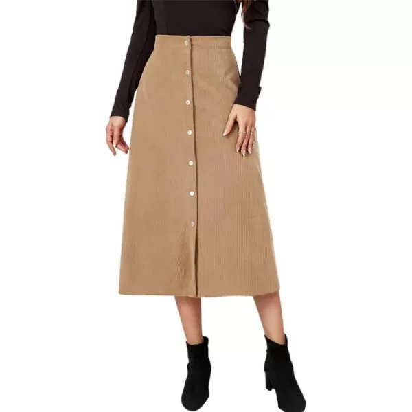 IDEALSANXUN Corduroy Midi Skirts for Women Fall Winter High Waisted A Line Button Front SkirtKhaki