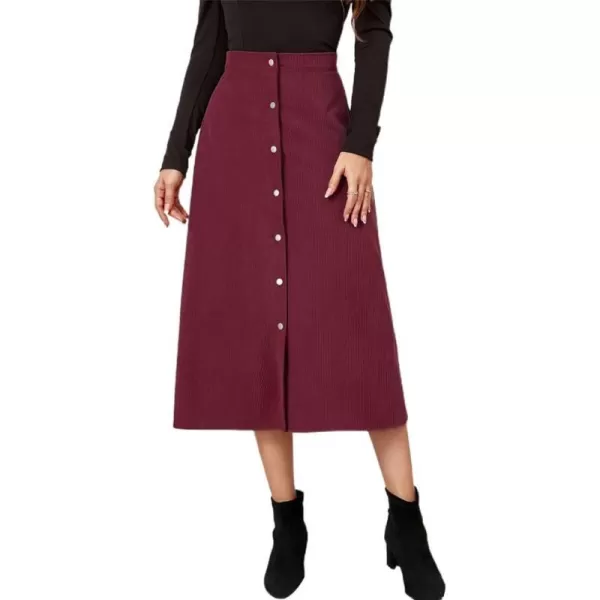 IDEALSANXUN Corduroy Midi Skirts for Women Fall Winter High Waisted A Line Button Front SkirtWine