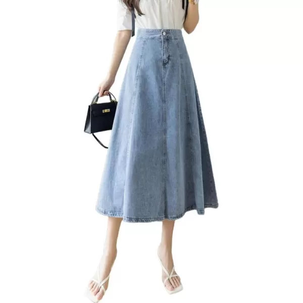 IDEALSANXUN Denim Skirts for Women Midi Length High Waisted Casual A Line Ruffle Jean SkirtBlue