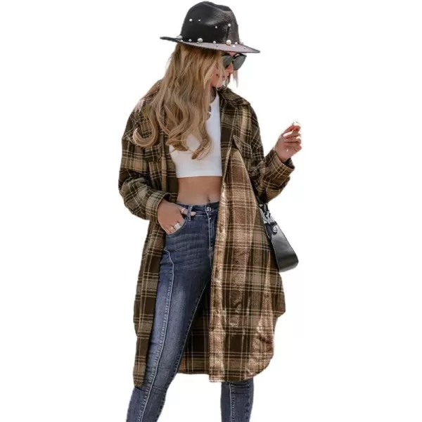 IDEALSANXUN Long Button Down Shirt Jackets for Womens Casual Oversized Flannels Plaid Shacket CoatsCoffee