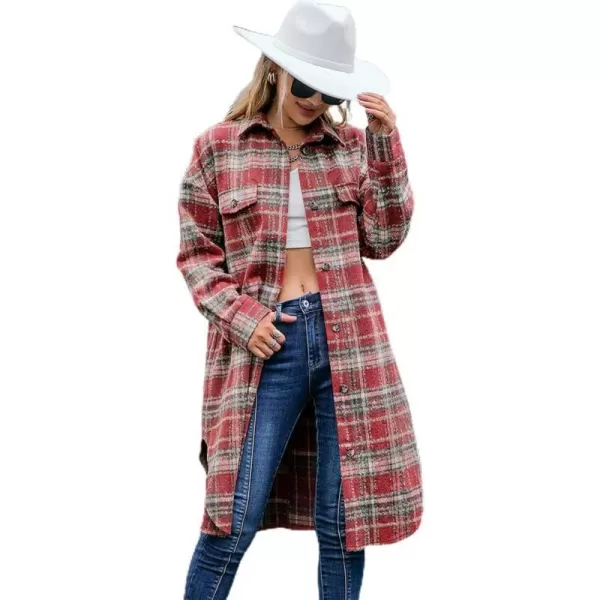 IDEALSANXUN Long Button Down Shirt Jackets for Womens Casual Oversized Flannels Plaid Shacket CoatsRed