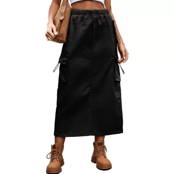 IDEALSANXUN Long Cargo Skirts for Women Fashion 2023 High Waisted Slit Jean Denim Maxi Skirt Y2kBlack