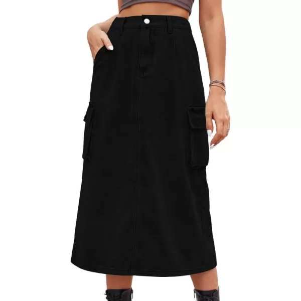 IDEALSANXUN Long Cargo Skirts for Women Trendy 2023 Elastic High Waisted Midi Denim Jean Skirt Y2KBlack