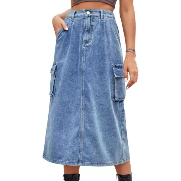 IDEALSANXUN Long Cargo Skirts for Women Trendy 2023 Elastic High Waisted Midi Denim Jean Skirt Y2KBlue