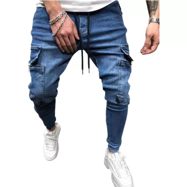 IDEALSANXUN Mens Cargo Slim Fit Skinny Stretch Jeans Denim Pants with DrawstringDark Blue