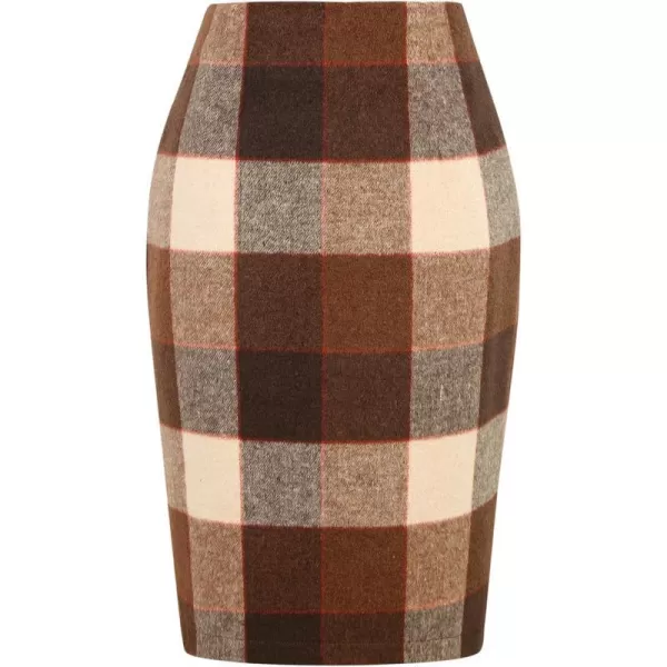 IDEALSANXUN Midi Plaid Skirts for Women 2023 Fall Winter Knee Length Pencil Wool Skirt with SlitDark Brown