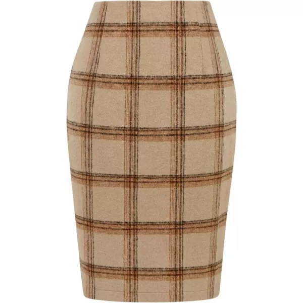 IDEALSANXUN Midi Plaid Skirts for Women 2023 Fall Winter Knee Length Pencil Wool Skirt with SlitKhaki