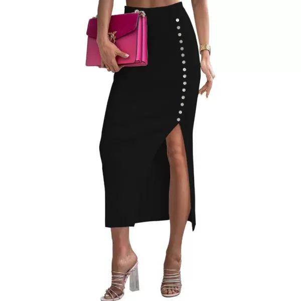 IDEALSANXUN Ribbed Knit Midi Skirt for Women High Waisted Pencil Bodycon Fall Winter Wrap Skirt with SlitBlack