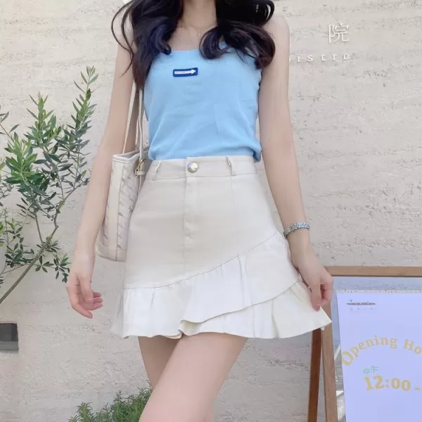 IDEALSANXUN Bodycon Mini Jean Skirt for Women 2023 Fall Winter High Waisted Ruffle Short A Line Denim SkirtsBeige