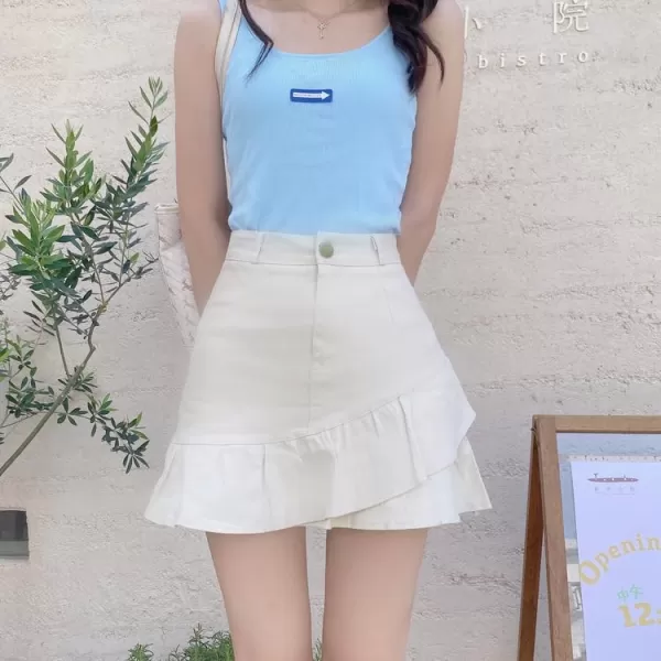 IDEALSANXUN Bodycon Mini Jean Skirt for Women 2023 Fall Winter High Waisted Ruffle Short A Line Denim SkirtsBeige