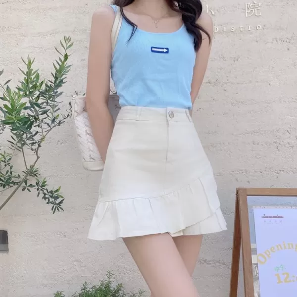 IDEALSANXUN Bodycon Mini Jean Skirt for Women 2023 Fall Winter High Waisted Ruffle Short A Line Denim SkirtsBeige