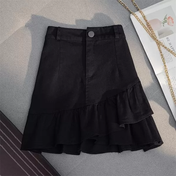 IDEALSANXUN Bodycon Mini Jean Skirt for Women 2023 Fall Winter High Waisted Ruffle Short A Line Denim SkirtsBlack