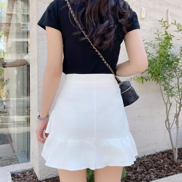 IDEALSANXUN Bodycon Mini Jean Skirt for Women 2023 Fall Winter High Waisted Ruffle Short A Line Denim SkirtsWhite
