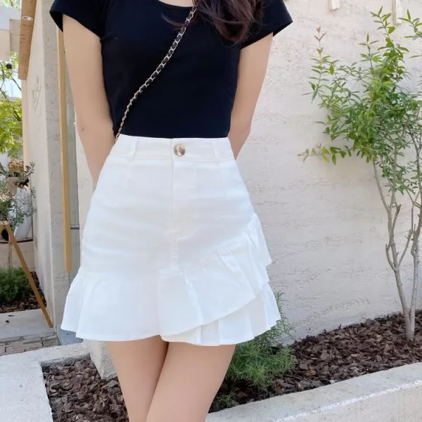 IDEALSANXUN Bodycon Mini Jean Skirt for Women 2023 Fall Winter High Waisted Ruffle Short A Line Denim SkirtsWhite