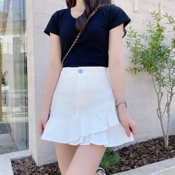 IDEALSANXUN Bodycon Mini Jean Skirt for Women 2023 Fall Winter High Waisted Ruffle Short A Line Denim SkirtsWhite