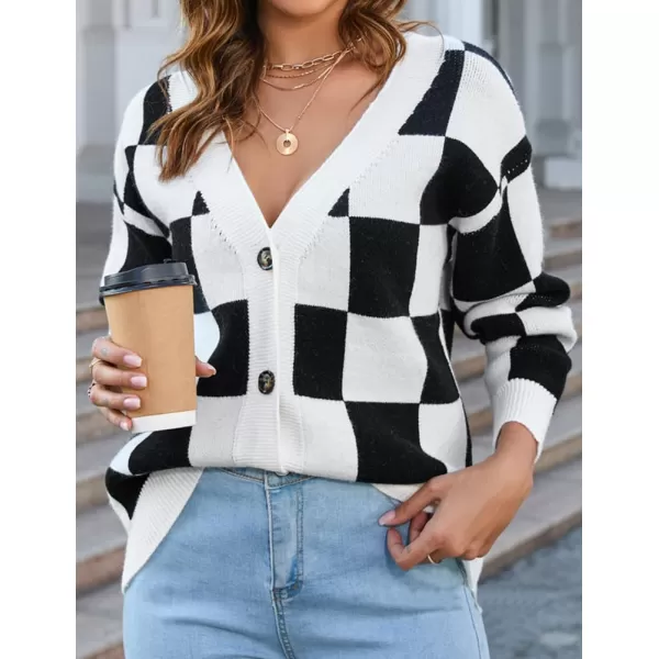 IDEALSANXUN Cable Knit Sweater Cardigan Women Checkered Oversized Long Sleeve Fall Winter 2023 Jacket CoatBlack