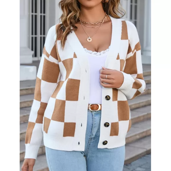 IDEALSANXUN Cable Knit Sweater Cardigan Women Checkered Oversized Long Sleeve Fall Winter 2023 Jacket CoatCamel