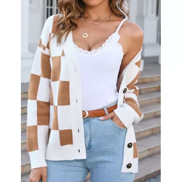 IDEALSANXUN Cable Knit Sweater Cardigan Women Checkered Oversized Long Sleeve Fall Winter 2023 Jacket CoatCamel