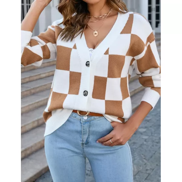 IDEALSANXUN Cable Knit Sweater Cardigan Women Checkered Oversized Long Sleeve Fall Winter 2023 Jacket CoatCamel