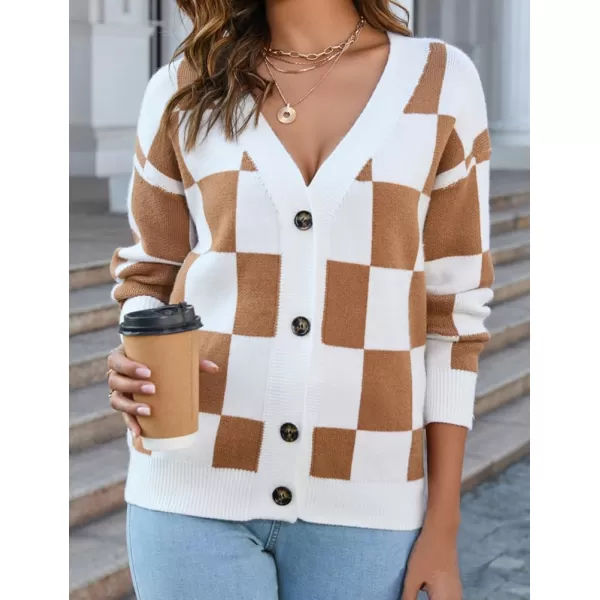 IDEALSANXUN Cable Knit Sweater Cardigan Women Checkered Oversized Long Sleeve Fall Winter 2023 Jacket CoatCamel
