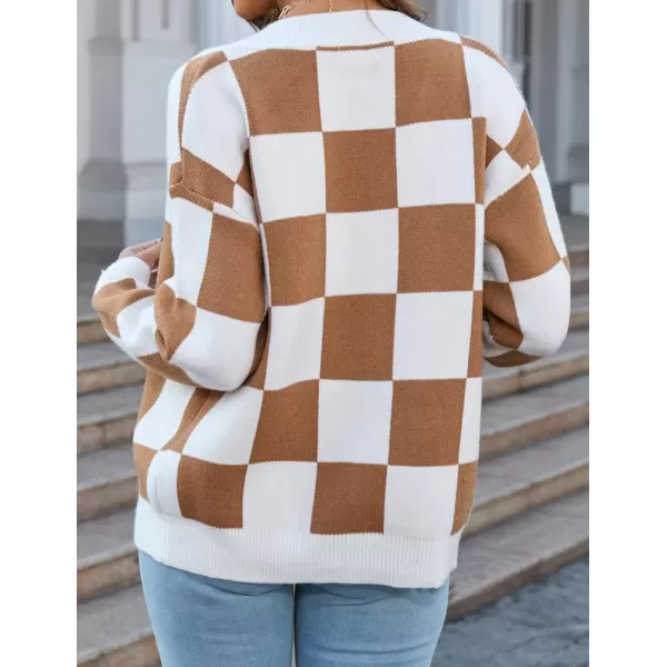 IDEALSANXUN Cable Knit Sweater Cardigan Women Checkered Oversized Long Sleeve Fall Winter 2023 Jacket CoatCamel
